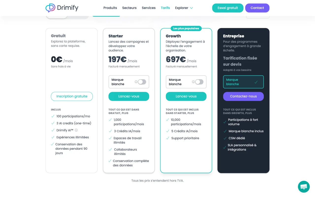 Page tarifs de Drimify : Gratuit 0 euro par mois, Starter 197 euros, Growth 697 euros, Entreprise sur devis, prix hors TVA, capture du 19/10/2026