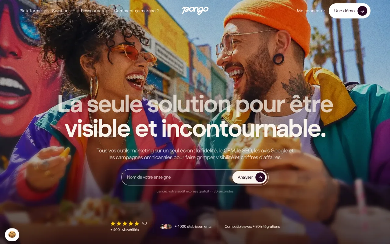 Page d'accueil de Hey Pongo, solution marketing pour commerces et enseignes, capture du 19/10/2026