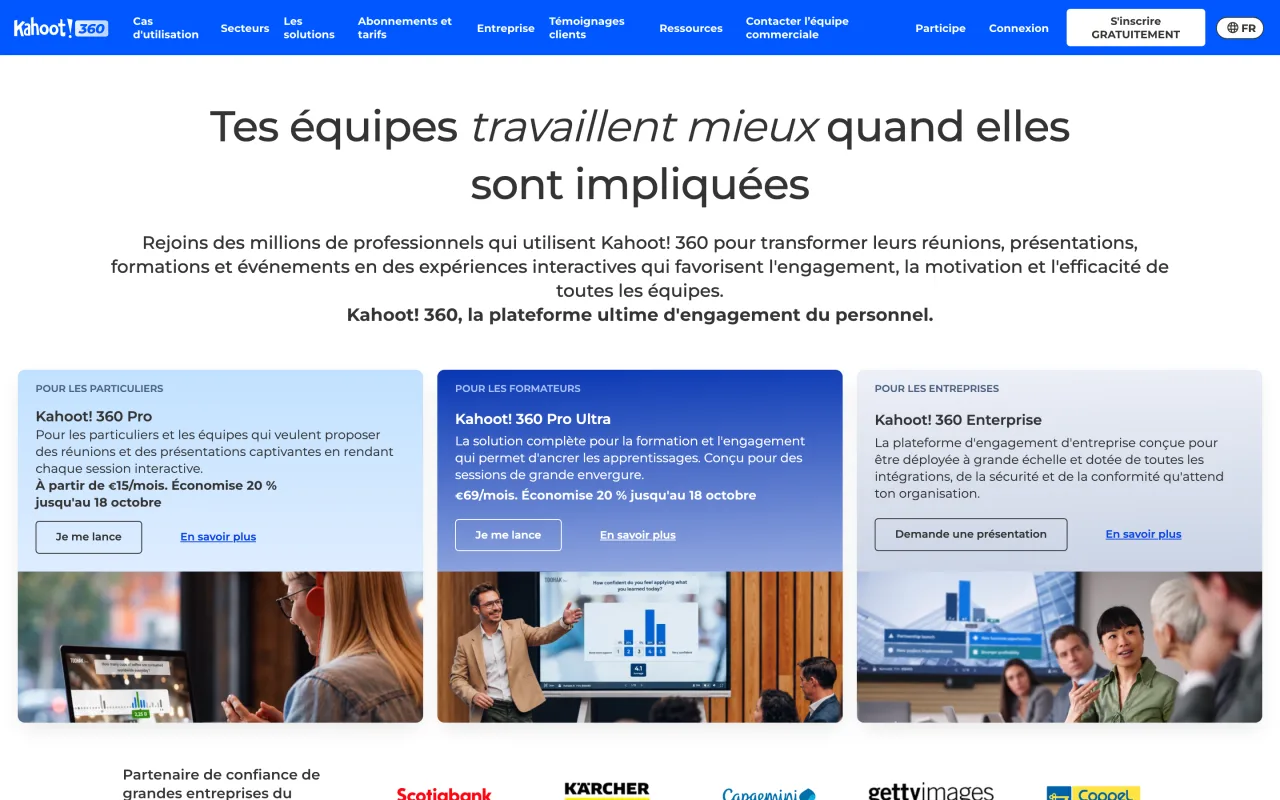 Page Kahoot! 360 pour les professionnels et entreprises, quiz interactifs pour réunions et formations, capture du 19/10/2026
