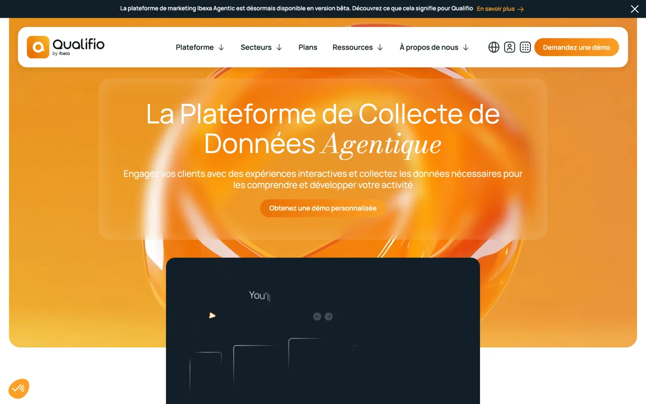 Page d'accueil française de Qualifio, plateforme de collecte de données par expériences interactives, capture du 19/10/2026