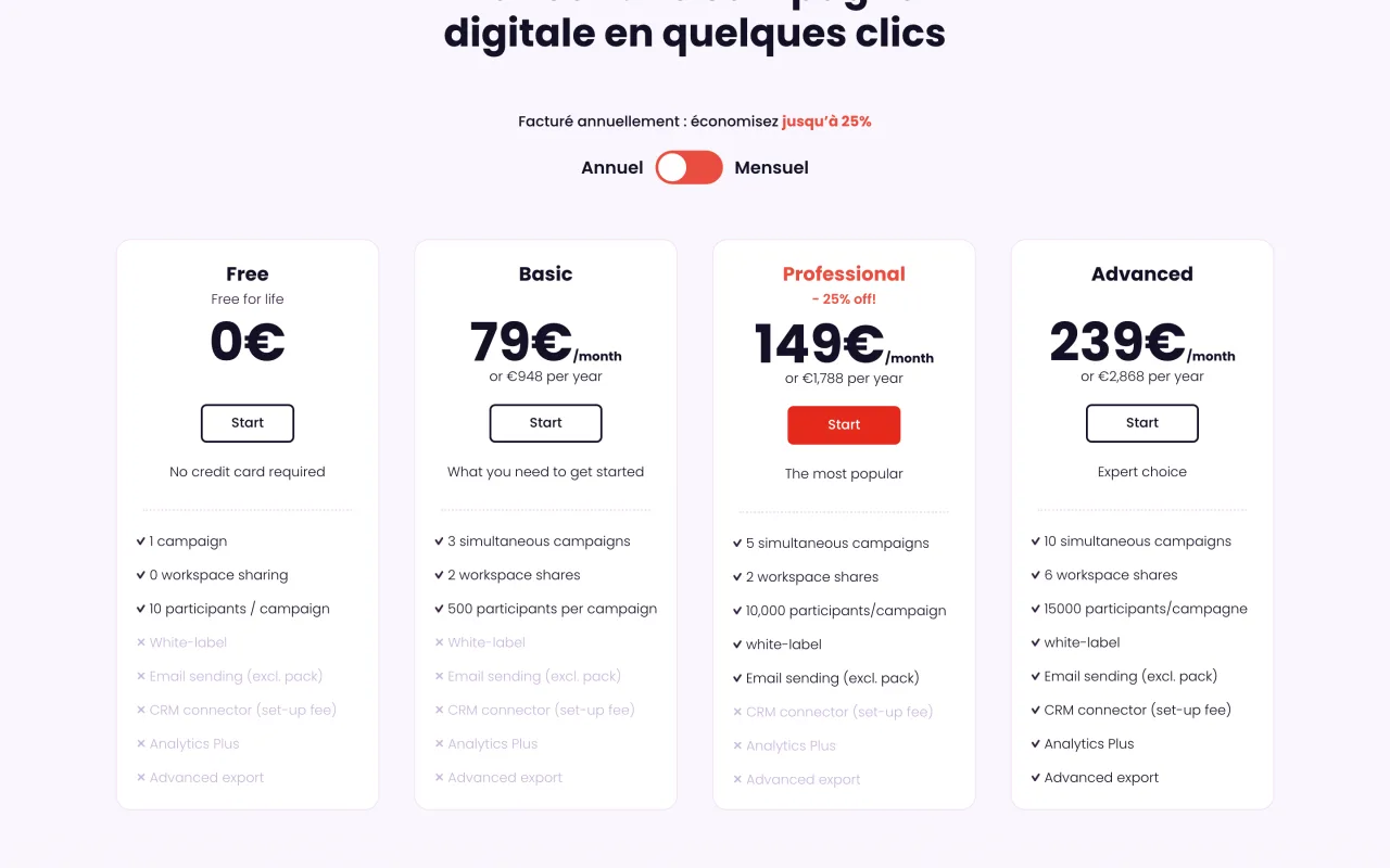 Page tarifs de Socialshaker : Free 0 euro, Basic 79 euros, Professional 149 euros, Advanced 239 euros par mois en facturation annuelle, capture du 19/10/2026