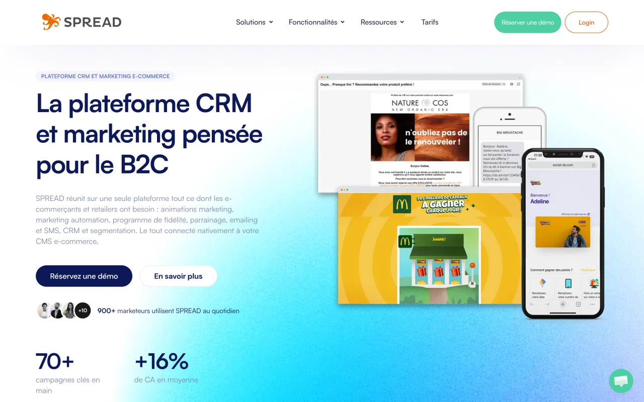 Page d'accueil de Spread, plateforme CRM et marketing pensée pour le B2C, capture du 19/10/2026