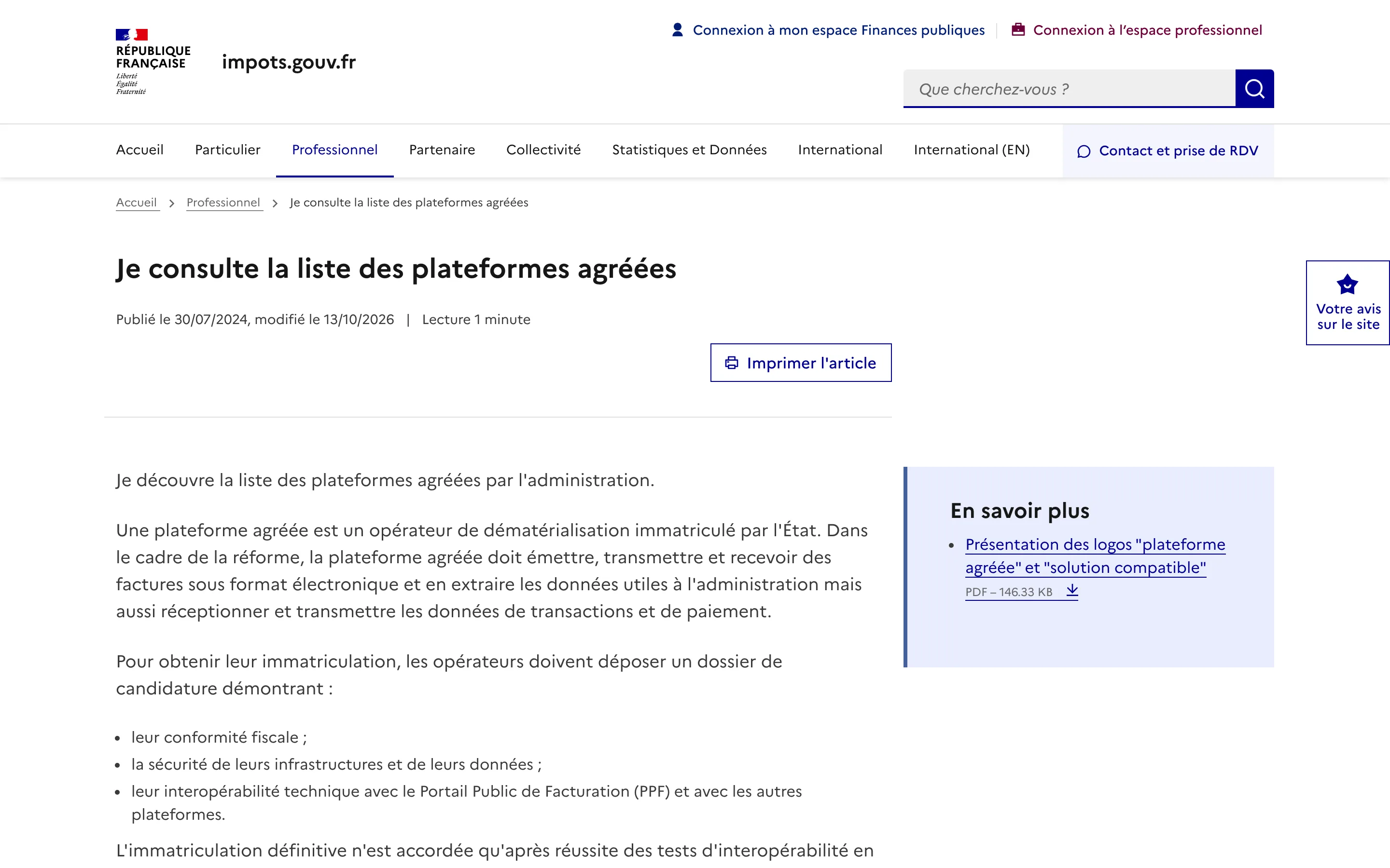 Page impots.gouv.fr présentant la liste des plateformes agréées pour la facturation électronique, modifiée le 13 octobre 2026, capture du 19 octobre 2026