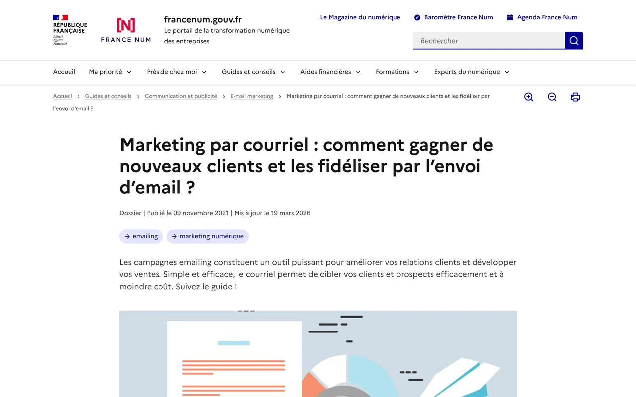 Guide France Num sur le marketing par courriel, capture du 19/10/2026