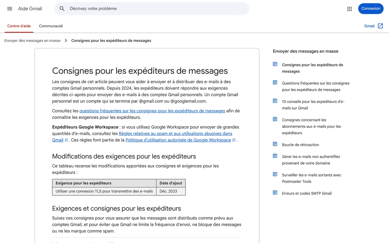 Consignes de Google pour les expéditeurs de messages vers Gmail, capture du 19/10/2026