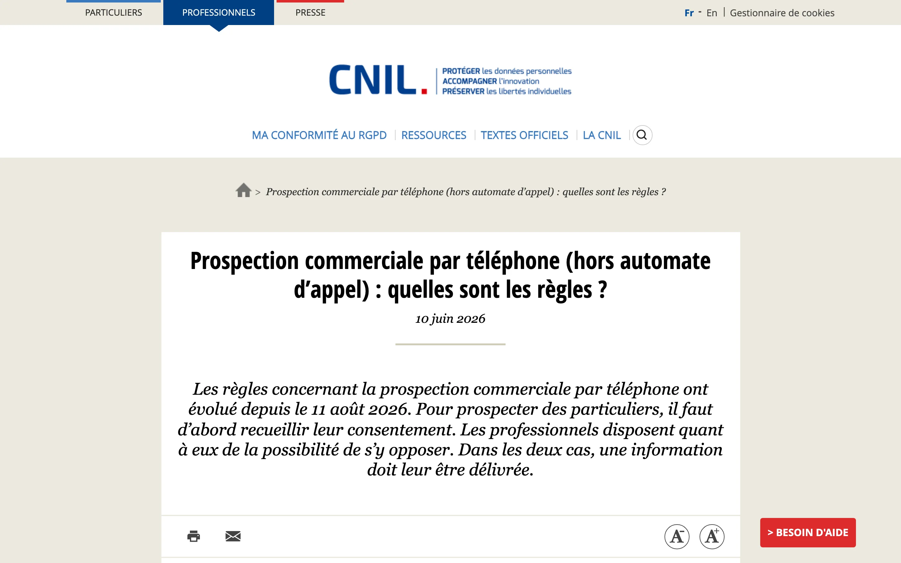 Fiche de la CNIL sur la prospection commerciale par téléphone, datée du 10 juin 2026, capture du 19 octobre 2026