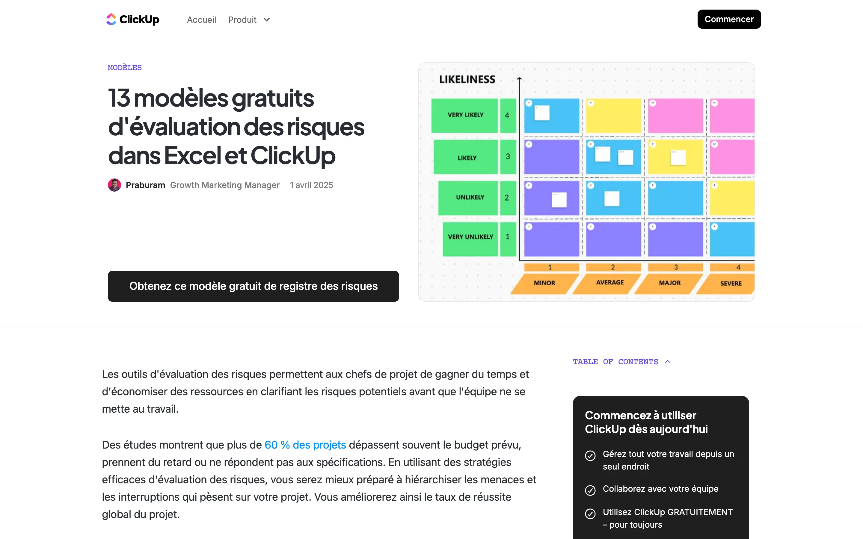 Article ClickUp présentant des modèles gratuits d’évaluation des risques dans Excel et ClickUp, capture du 19 octobre 2026