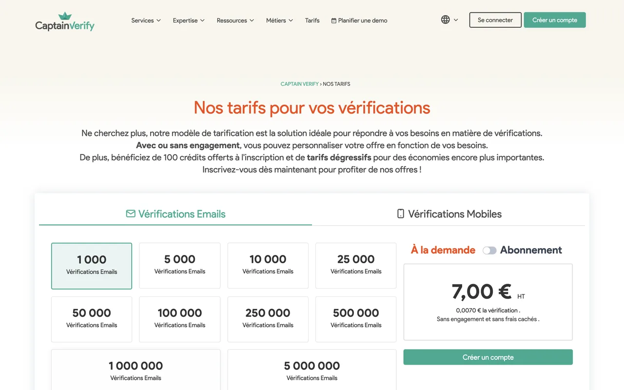 Page tarifs Captain Verify affichant 7 euros HT les 1 000 vérifications, capture du 19/10/2026