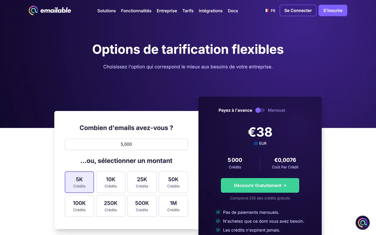 Page tarifs Emailable affichant 38 euros les 5 000 crédits, capture du 19/10/2026