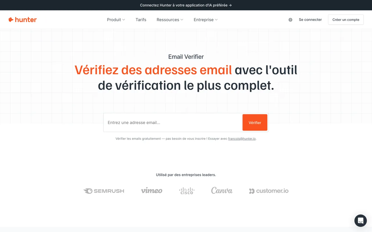 Vérificateur d'adresses email gratuit de Hunter, capture du 19/10/2026