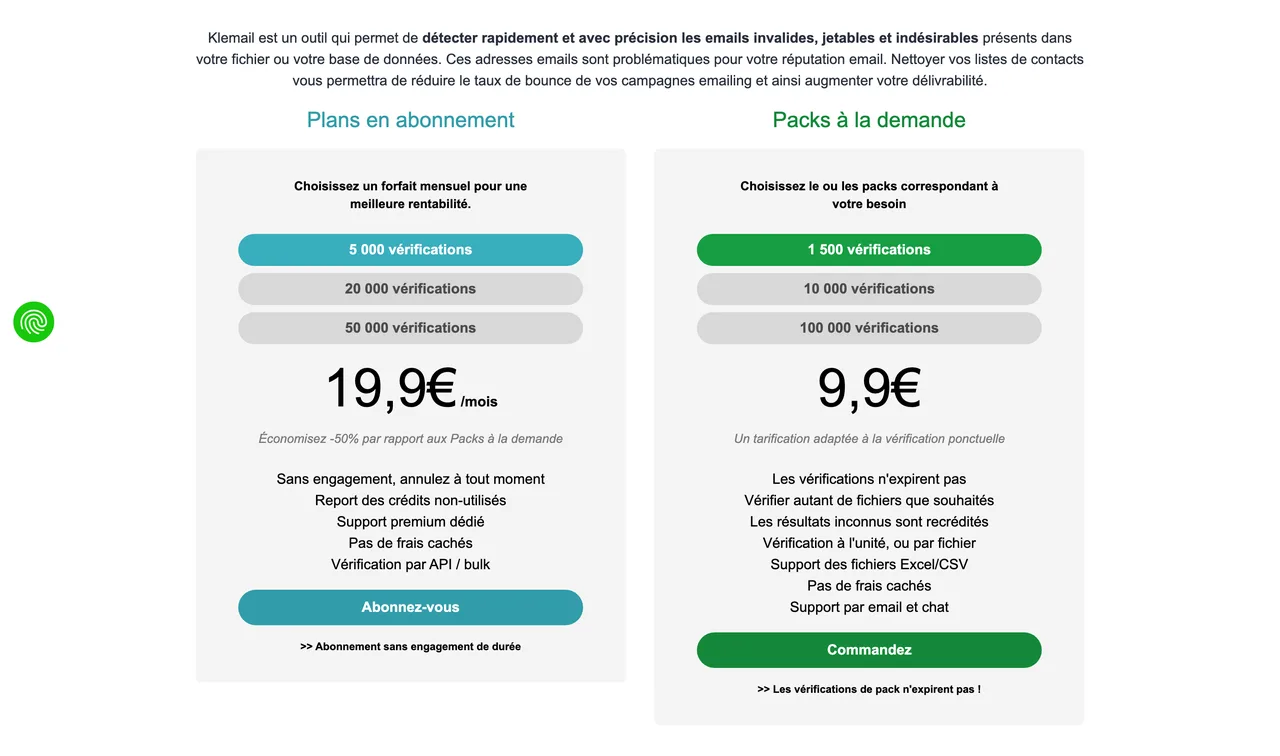 Page tarifs Klemail avec l'abonnement à 19,9 euros par mois et le pack à 9,9 euros, capture du 19/10/2026