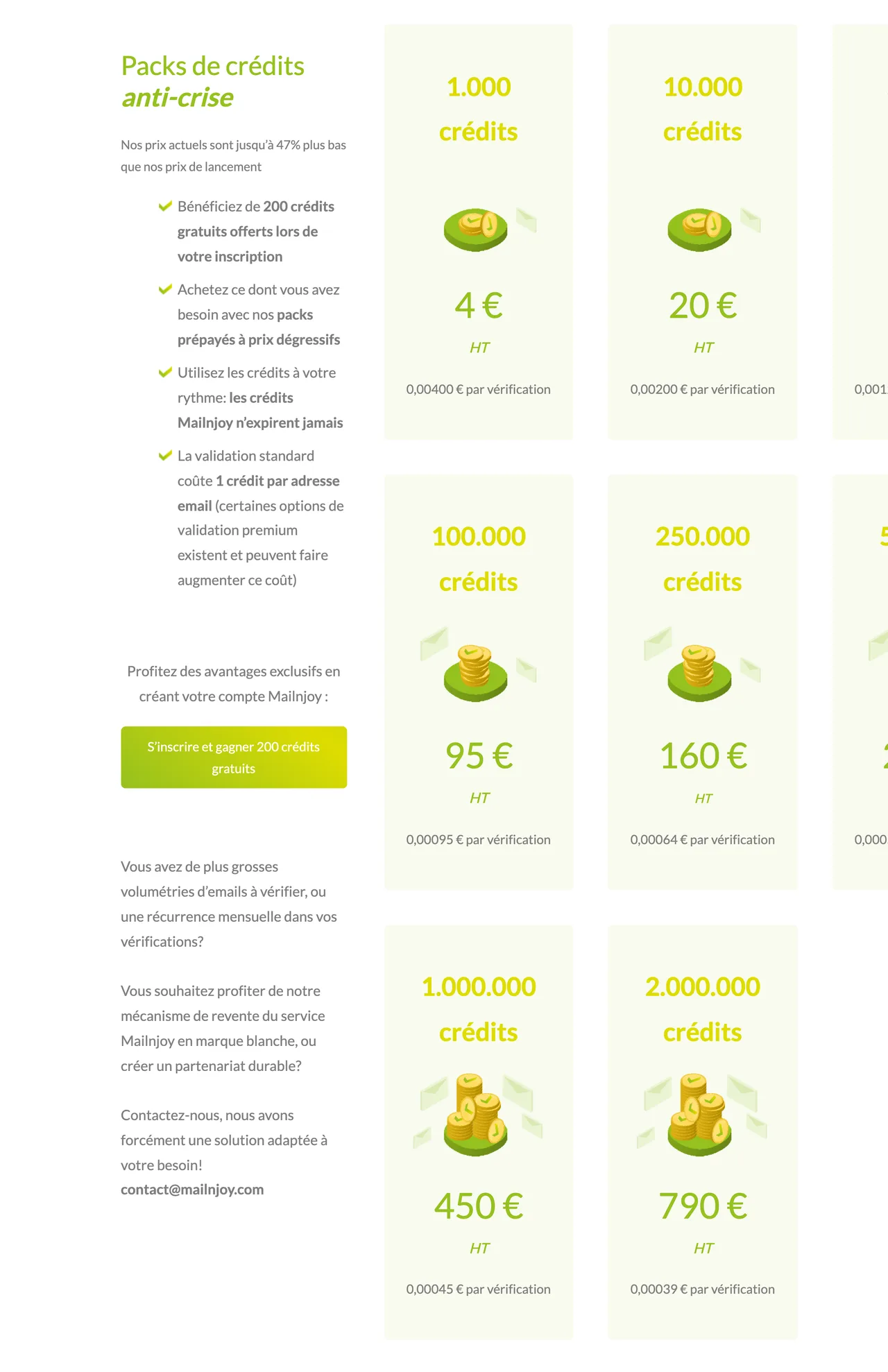 Grille tarifaire des packs de crédits Mailnjoy, de 4 euros HT les 1 000 crédits à 790 euros HT les 2 millions, capture du 19/10/2026