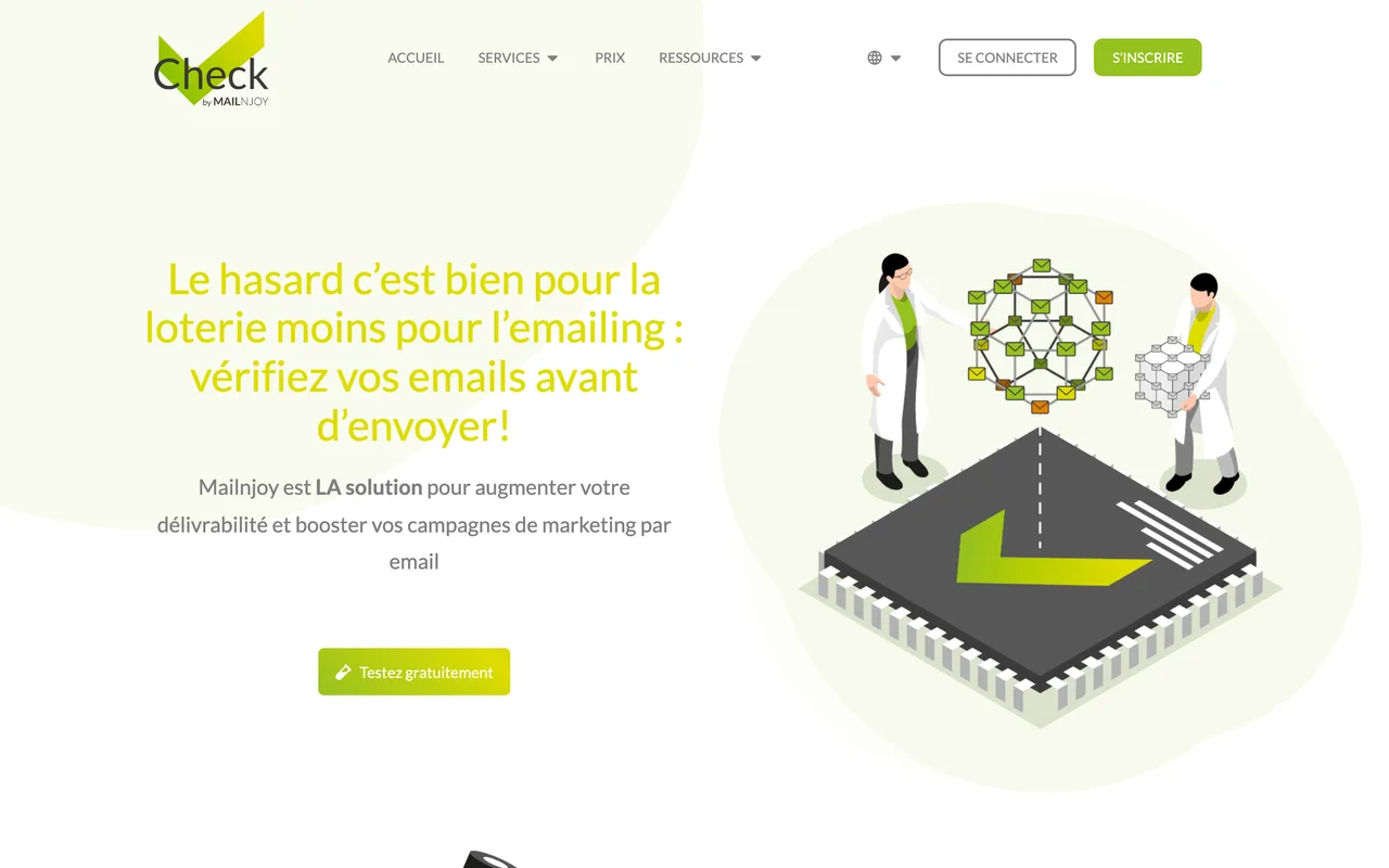 Page d'accueil de Check by Mailnjoy, outil français de vérification d'emails, capture du 19/10/2026