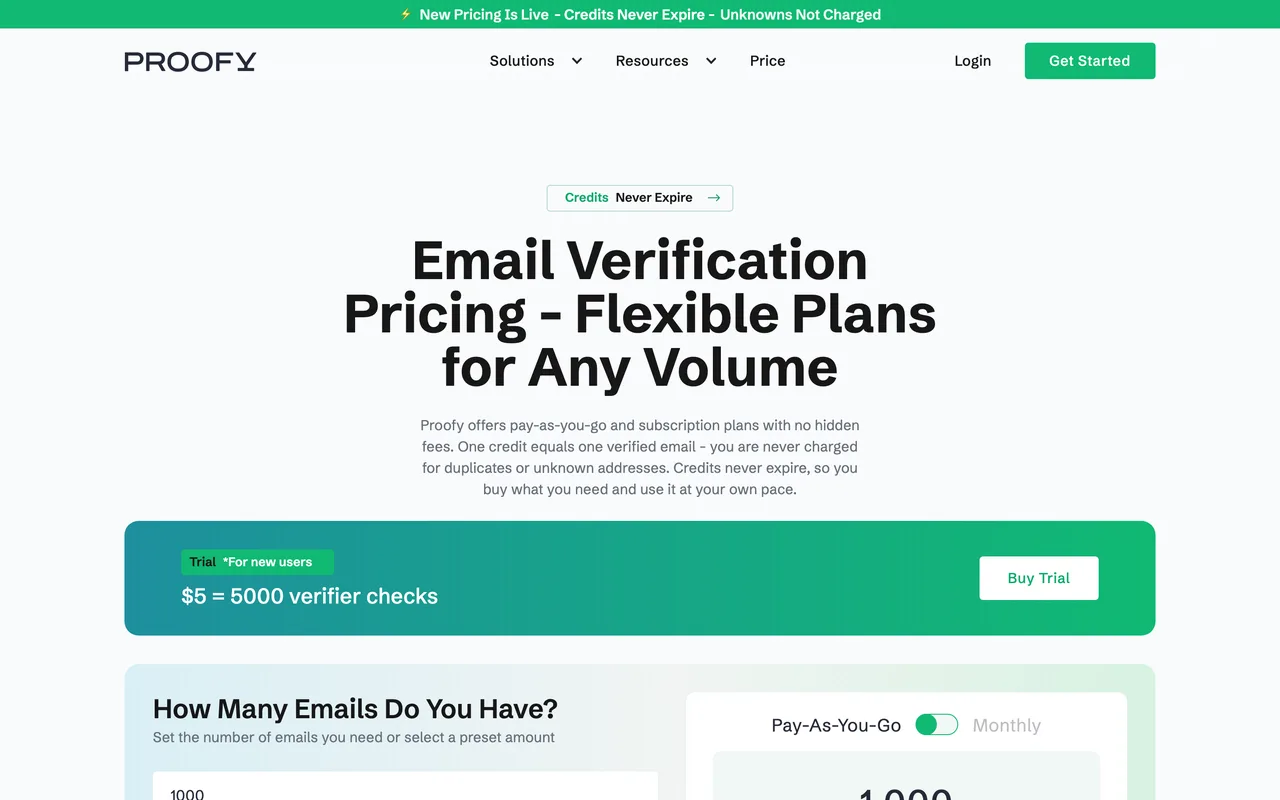 Page tarifs Proofy avec l'offre d'essai à 5 dollars pour 5 000 vérifications, capture du 19/10/2026