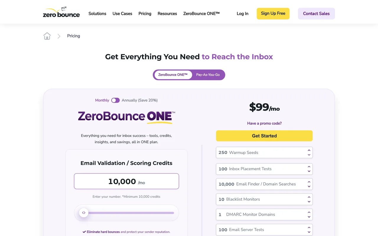 Page tarifs ZeroBounce avec la formule ZeroBounce ONE à 99 dollars par mois, capture du 19/10/2026