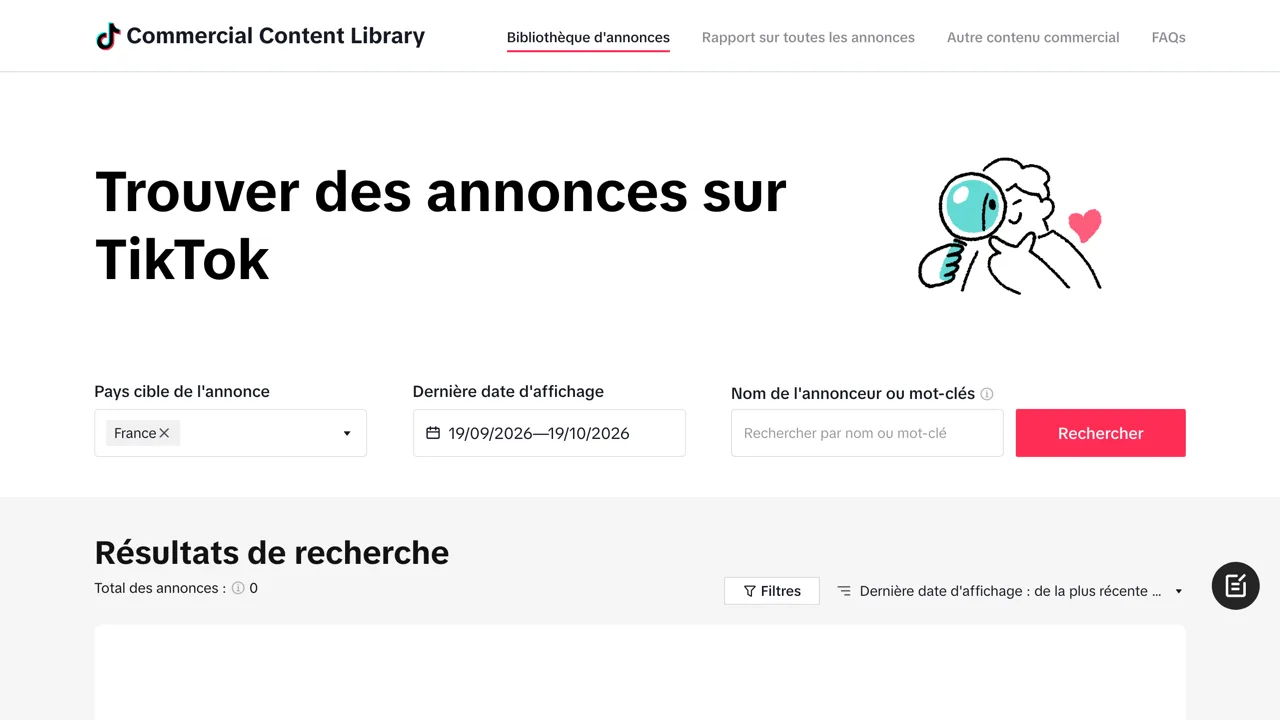 Bibliothèque d'annonces TikTok filtrée sur la France, capture du 19/10/2026