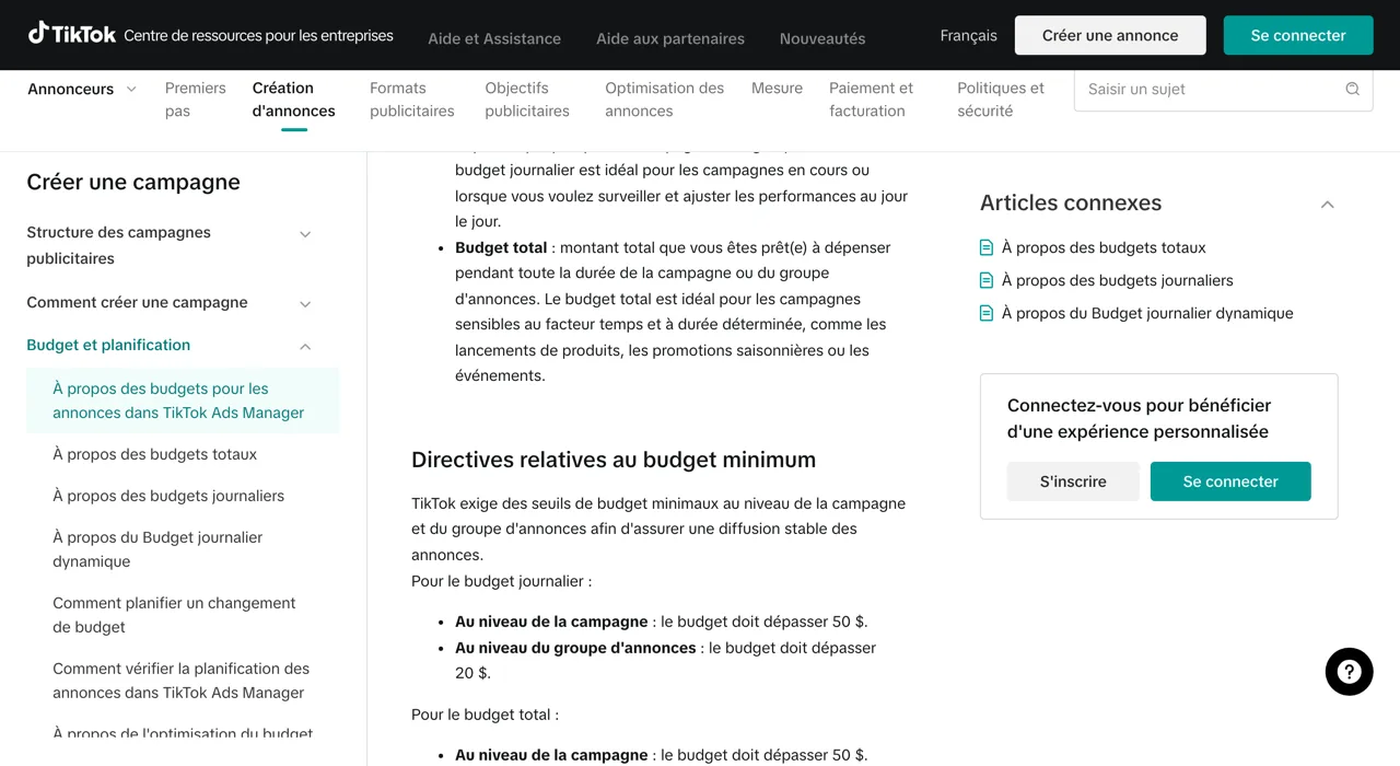 Centre d'aide TikTok, directives relatives au budget minimum : 50 $ au niveau campagne et 20 $ au niveau groupe d'annonces, capture du 19/10/2026