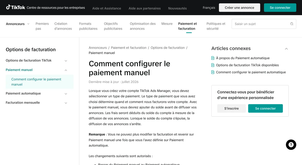 Article du centre d'aide TikTok Comment configurer le paiement manuel, capture du 19/10/2026