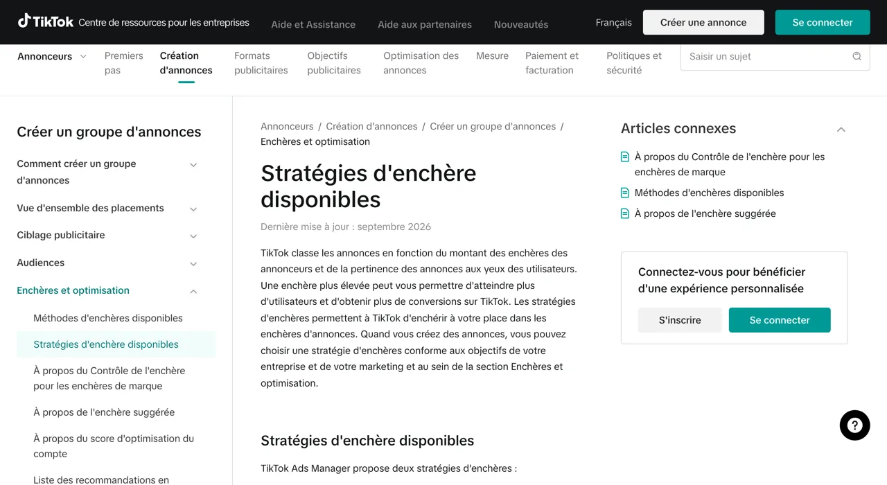 Article du centre d'aide TikTok Stratégies d'enchère disponibles, mis à jour en septembre 2026, capture du 19/10/2026