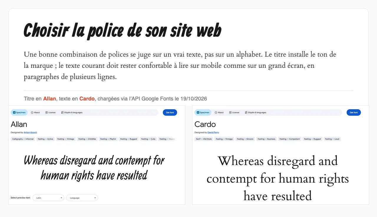 Combinaison Google Fonts Allan en titre et Cardo en texte, rendue le 19/10/2026, avec les pages spécimens des deux polices