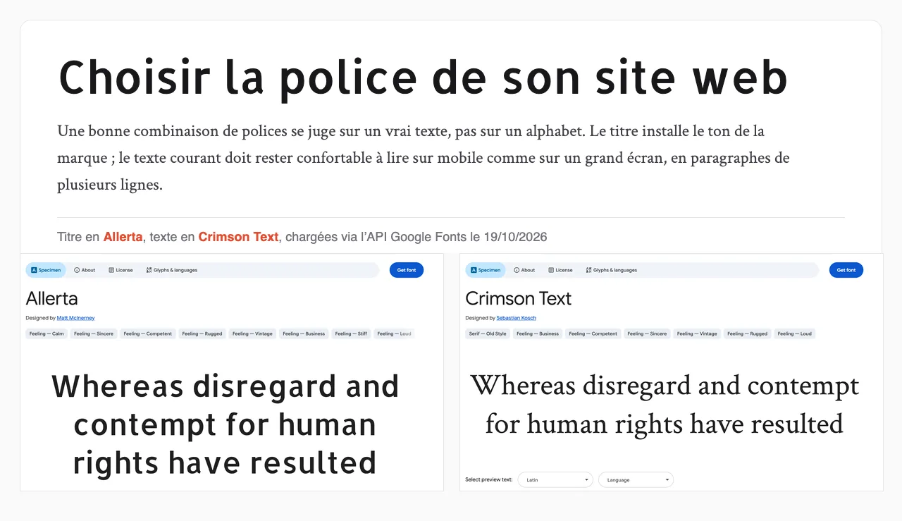 Combinaison Google Fonts Allerta en titre et Crimson Text en texte, rendue le 19/10/2026, avec les pages spécimens des deux polices