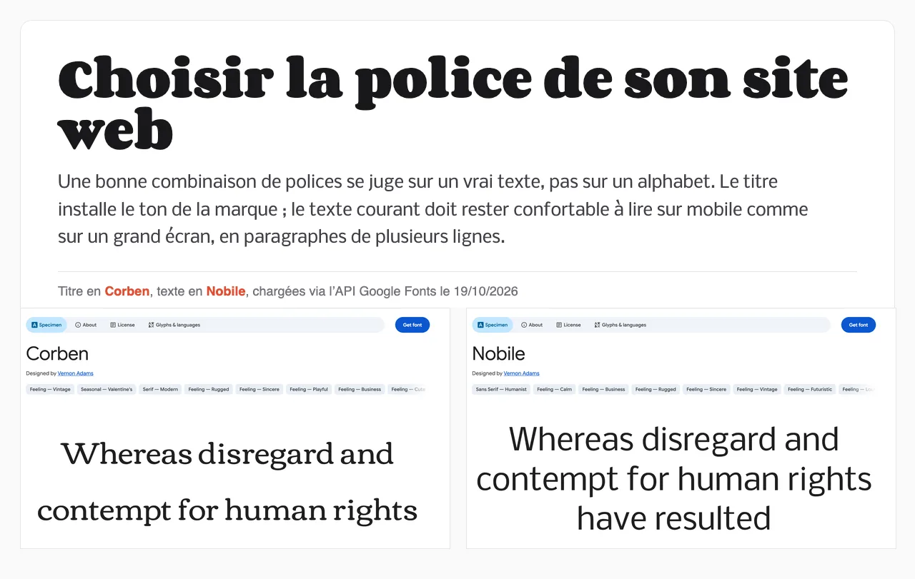 Combinaison Google Fonts Corben en titre et Nobile en texte, rendue le 19/10/2026, avec les pages spécimens des deux polices