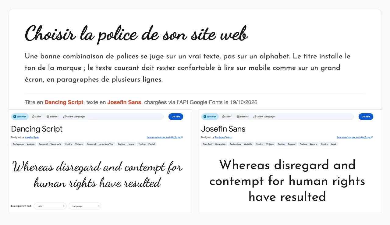 Combinaison Google Fonts Dancing Script en titre et Josefin Sans en texte, rendue le 19/10/2026, avec les pages spécimens des deux polices
