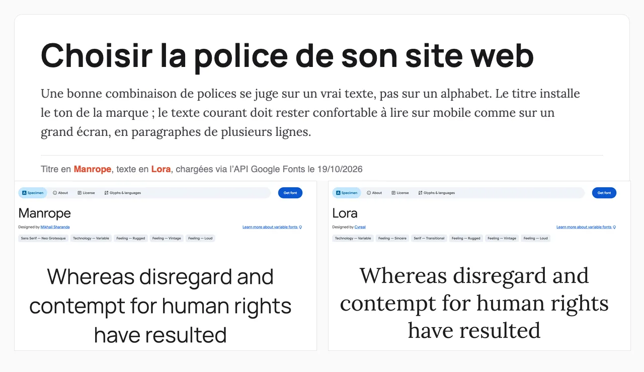 Combinaison Google Fonts Manrope en titre et Lora en texte, rendue le 19/10/2026, avec les pages spécimens des deux polices