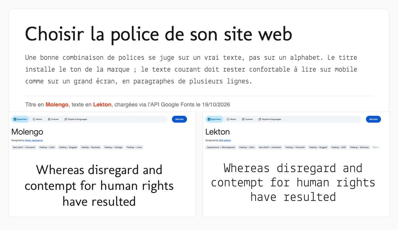 Combinaison Google Fonts Molengo en titre et Lekton en texte, rendue le 19/10/2026, avec les pages spécimens des deux polices
