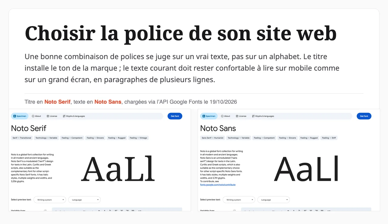 Combinaison Google Fonts Noto Serif en titre et Noto Sans en texte, rendue le 19/10/2026, avec les pages spécimens des deux polices