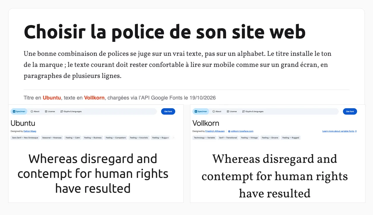 Combinaison Google Fonts Ubuntu en titre et Vollkorn en texte, rendue le 19/10/2026, avec les pages spécimens des deux polices
