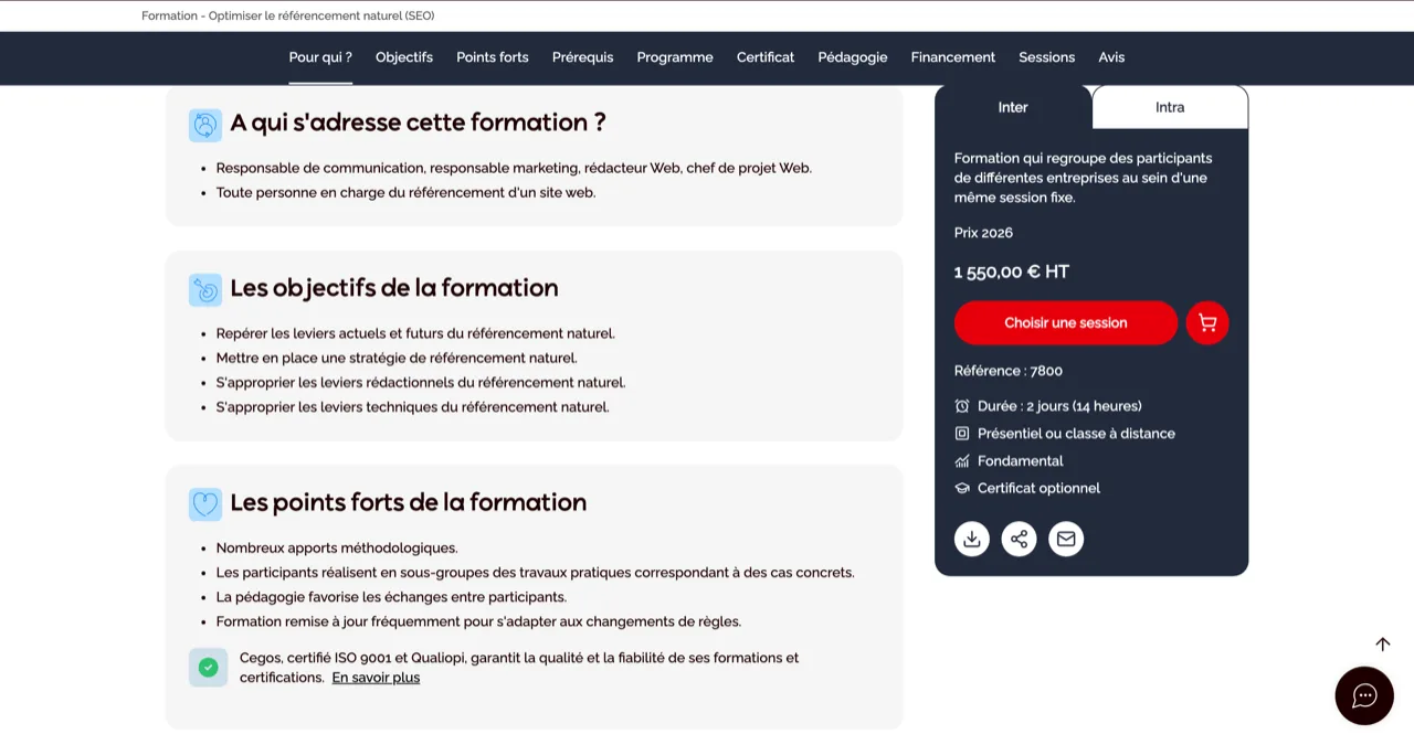 Fiche Cegos : prix 2026 de 1 550 euros HT, durée 2 jours, 14 heures, présentiel ou classe à distance