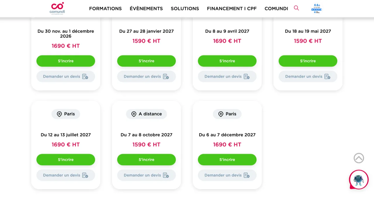 Sessions de la formation SEO de Comundi à 1 690 euros HT à Paris et 1 590 euros HT à distance