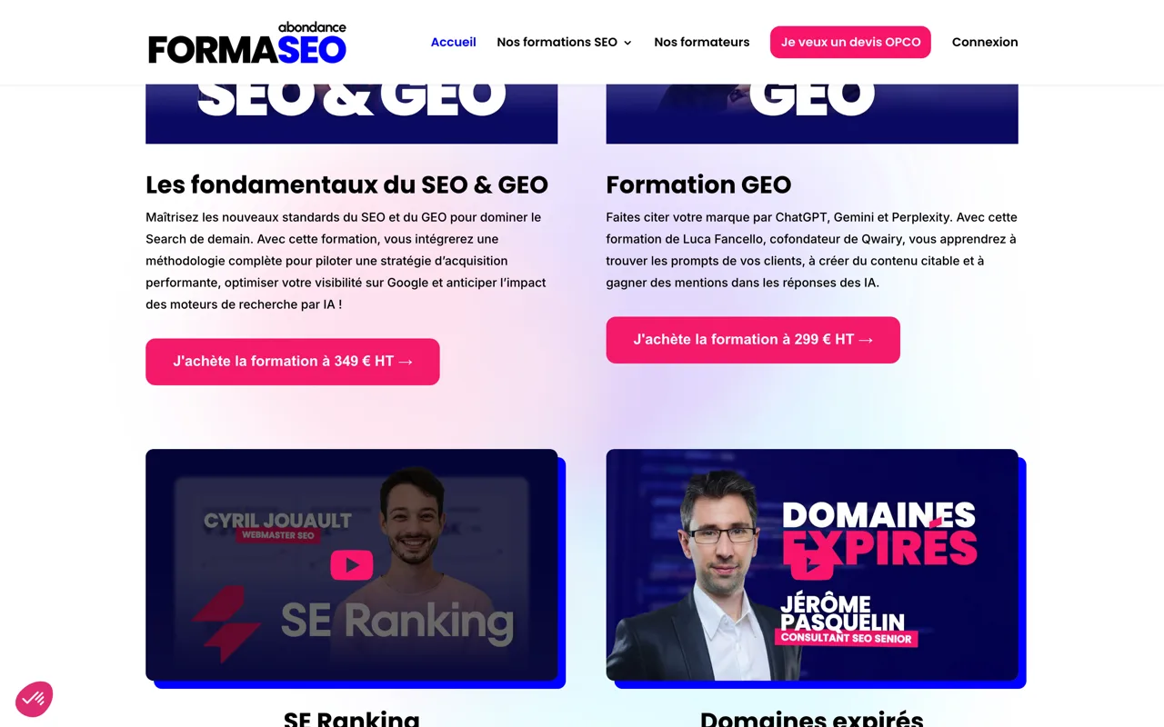 Formaseo : Les fondamentaux du SEO et GEO à 349 euros HT, formation GEO à 299 euros HT