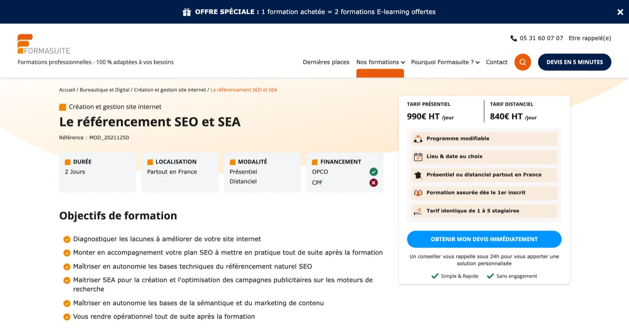 Fiche FormaSuite Le référencement SEO et SEA : 990 euros HT par jour en présentiel, 840 euros HT à distance, OPCO oui, CPF non