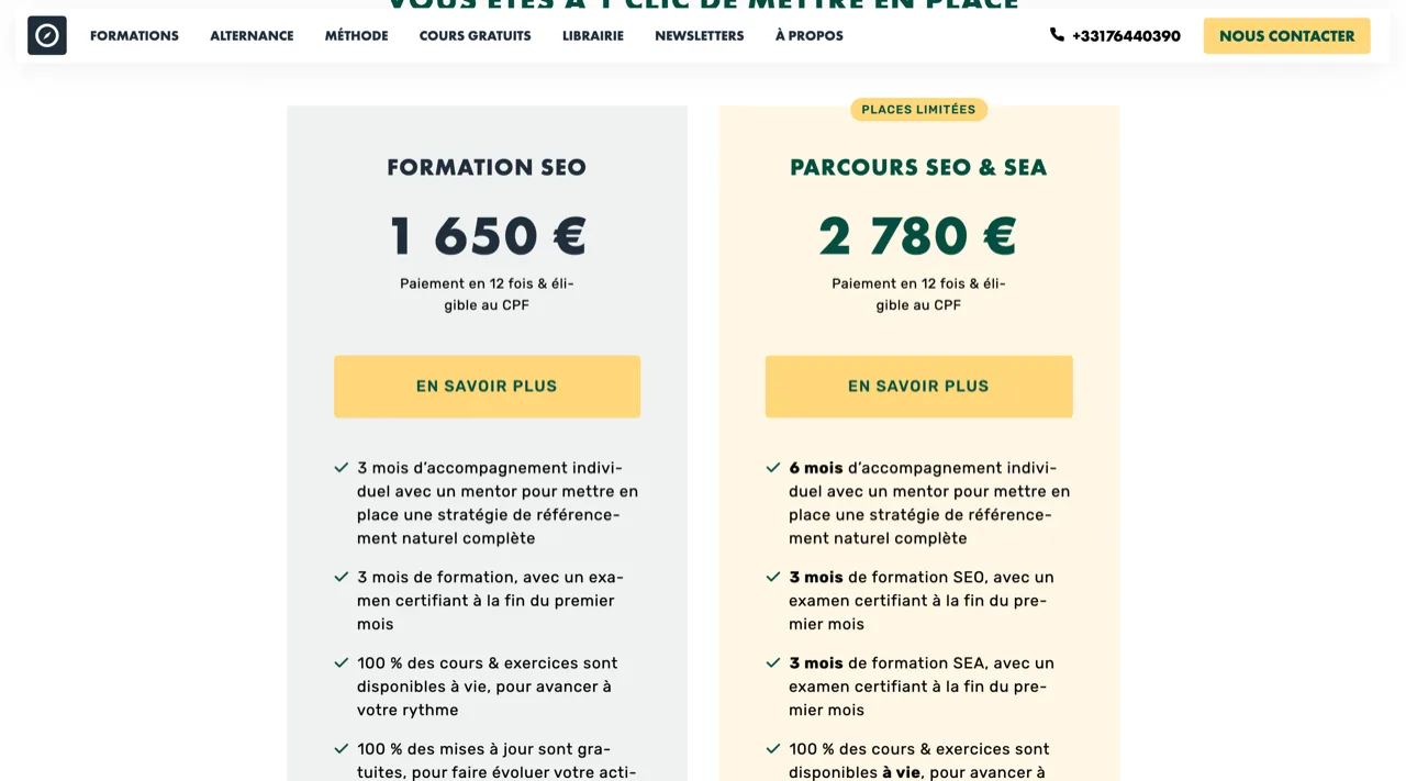 Offres LiveMentor : formation SEO 1 650 euros, parcours SEO et SEA 2 780 euros, paiement en 12 fois