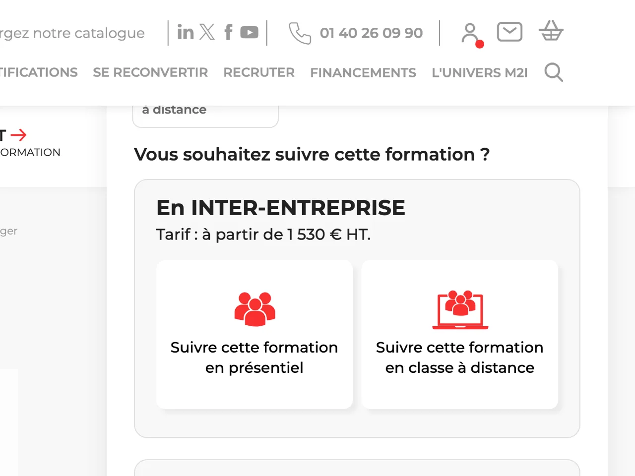Tarif M2i : à partir de 1 530 euros HT en inter-entreprises et 4 590 euros HT en intra-entreprise