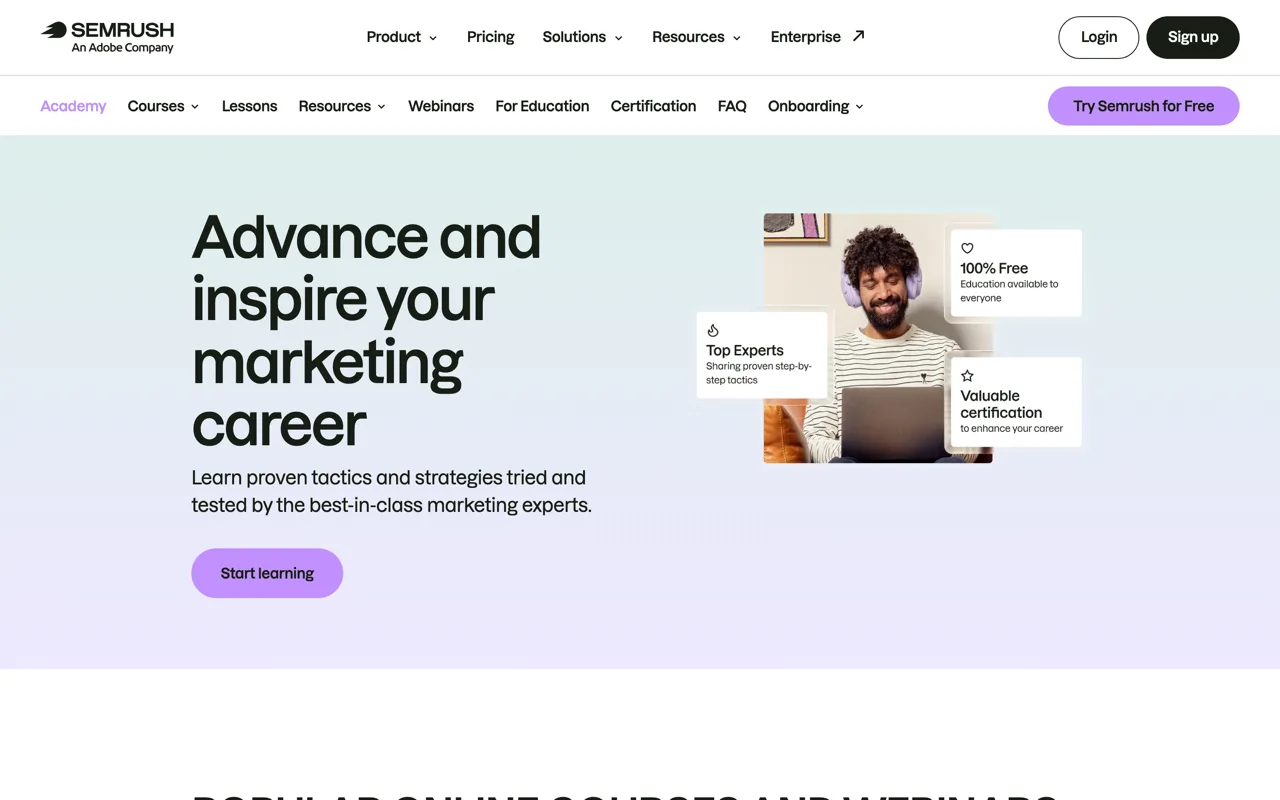 Semrush Academy, cours de marketing en ligne présentés comme 100 % gratuits