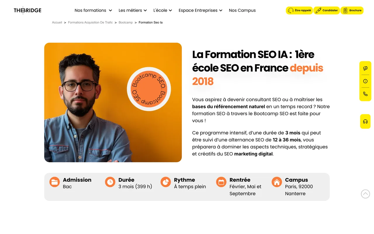 Bootcamp SEO de The Bridge : 3 mois, 399 heures, temps plein, campus de Paris et Nanterre