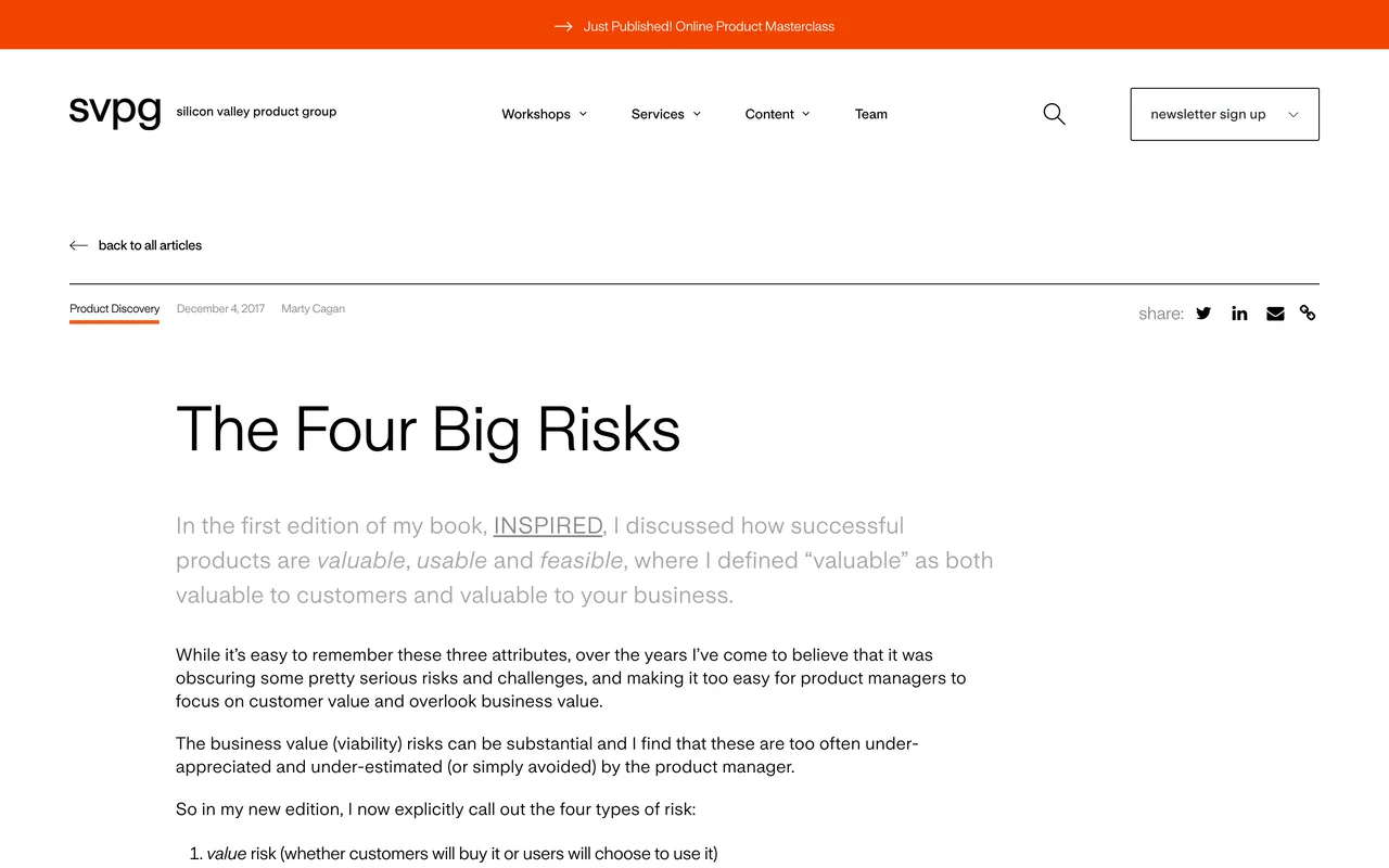 Article The Four Big Risks de Marty Cagan sur le site du Silicon Valley Product Group, capture du 19/10/2026
