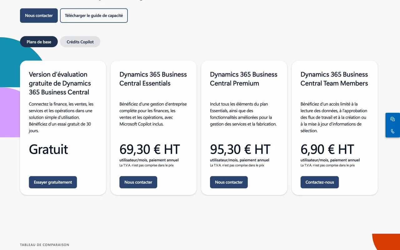Tarifs Dynamics 365 Business Central : Essentials à 69,30 euros HT, Premium à 95,30 euros HT et Team Members à 6,90 euros HT par utilisateur et par mois, capture du 19/10/2026