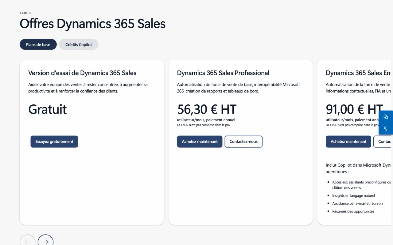 Tarifs Dynamics 365 Sales : Sales Professional à 56,30 euros HT et Sales Enterprise à 91,00 euros HT par utilisateur et par mois en paiement annuel, capture du 19/10/2026