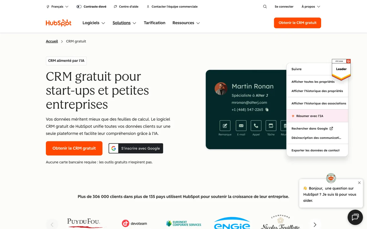 Page du CRM gratuit de HubSpot destiné aux start-ups et petites entreprises, sans carte bancaire requise, capture du 19/10/2026
