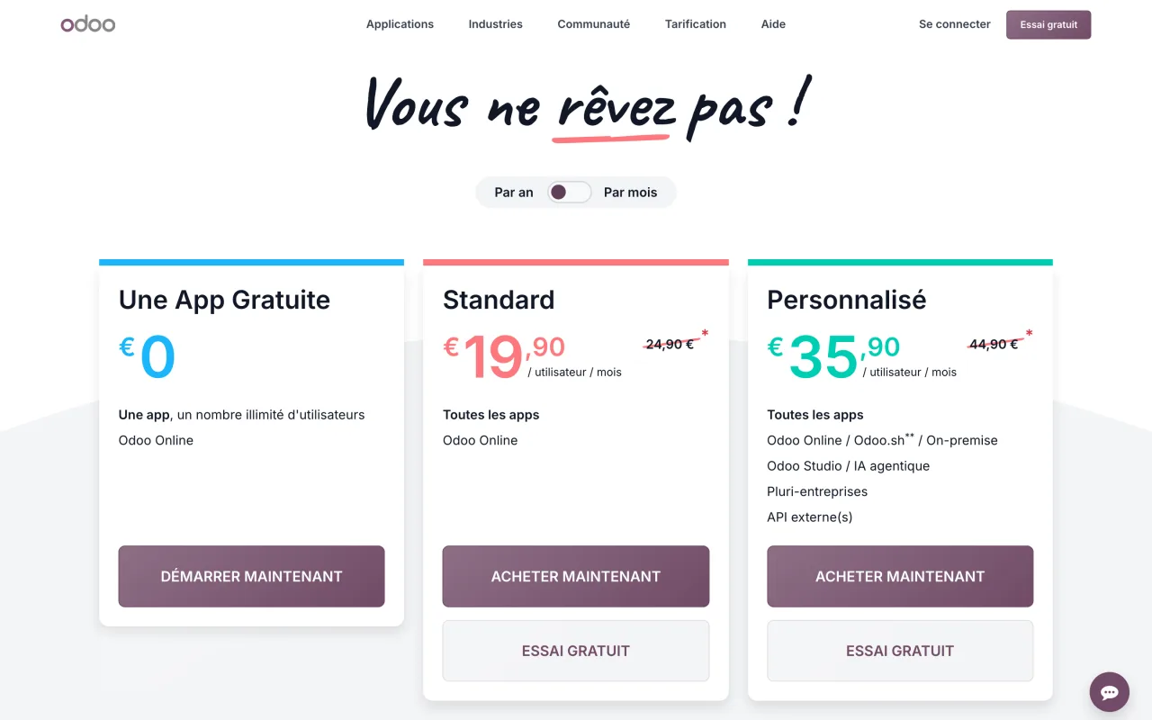 Page tarifs d’Odoo : une application gratuite, formule Standard à 19,90 euros par utilisateur et par mois au lieu de 24,90 euros, formule Personnalisé à 35,90 euros au lieu de 44,90 euros, capture du 19/10/2026