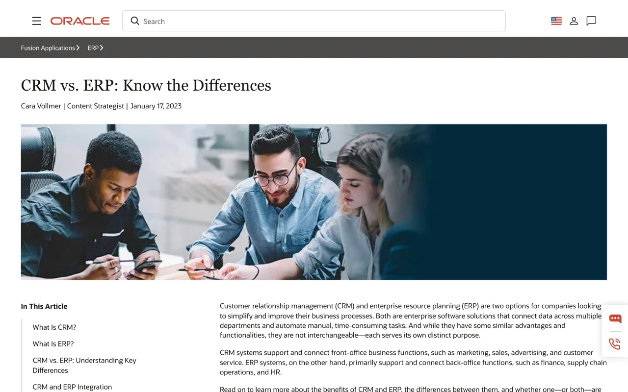 Page d’Oracle comparant CRM et ERP, qui oppose les fonctions de front-office du CRM aux fonctions de back-office de l’ERP, capture du 19/10/2026