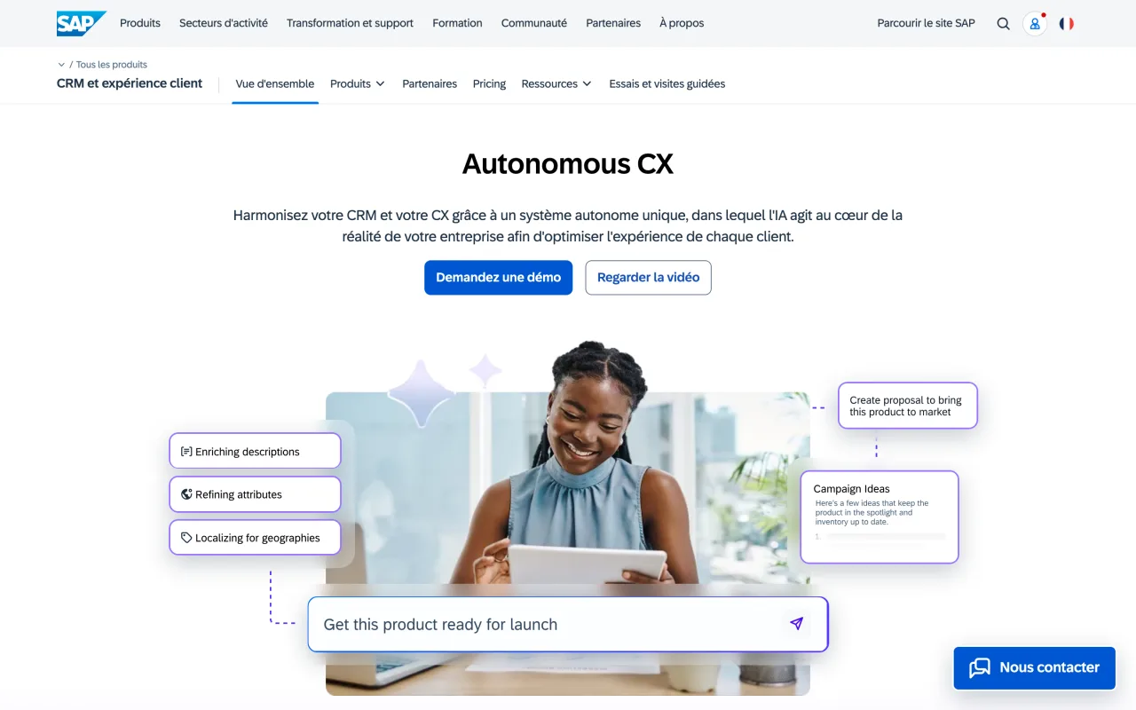 Page CRM et expérience client de SAP présentant son offre de gestion de la relation client connectée à l’ERP, capture du 19/10/2026