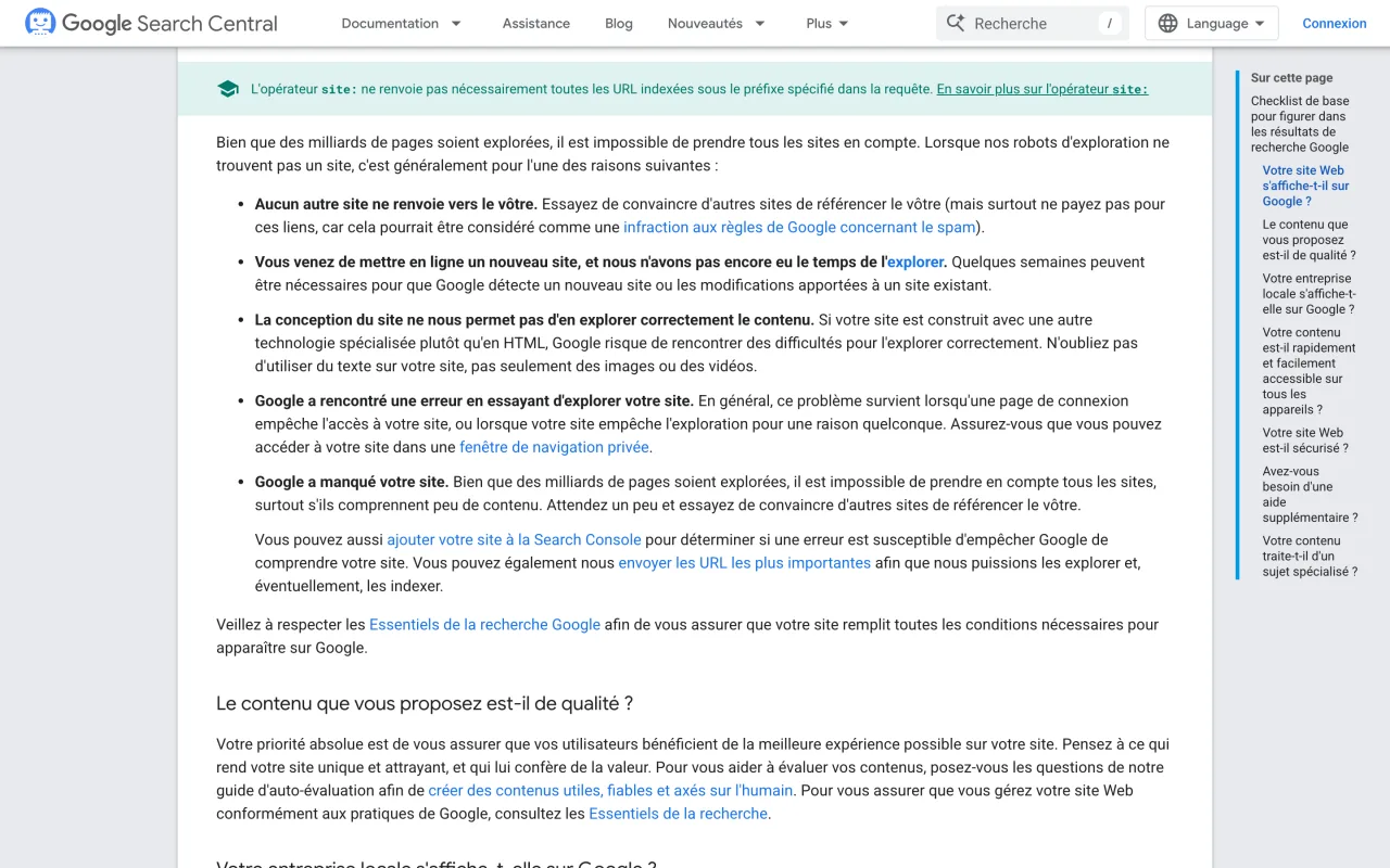 Documentation Google Inclure votre site Web sur Google indiquant que quelques semaines peuvent être nécessaires pour détecter un nouveau site