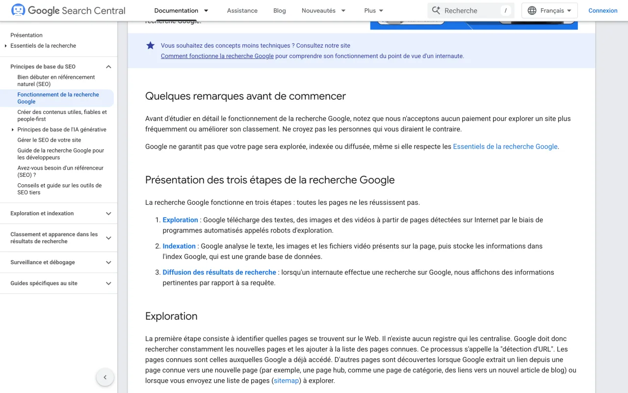 Page Google Search Central Fonctionnement de la recherche Google présentant les trois étapes exploration, indexation et diffusion