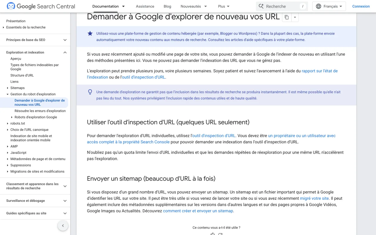 Documentation Google Demander à Google d’explorer de nouveau vos URL avec l’outil d’inspection et l’envoi d’un sitemap