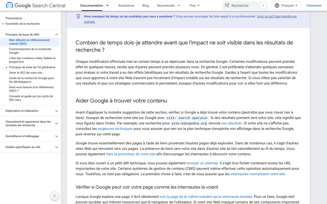 Guide de démarrage SEO de Google indiquant que certaines modifications prennent effet en quelques heures et d’autres en plusieurs mois